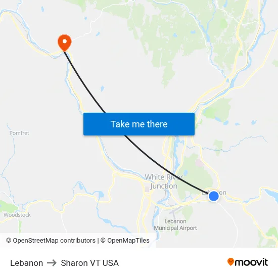 Lebanon to Sharon VT USA map