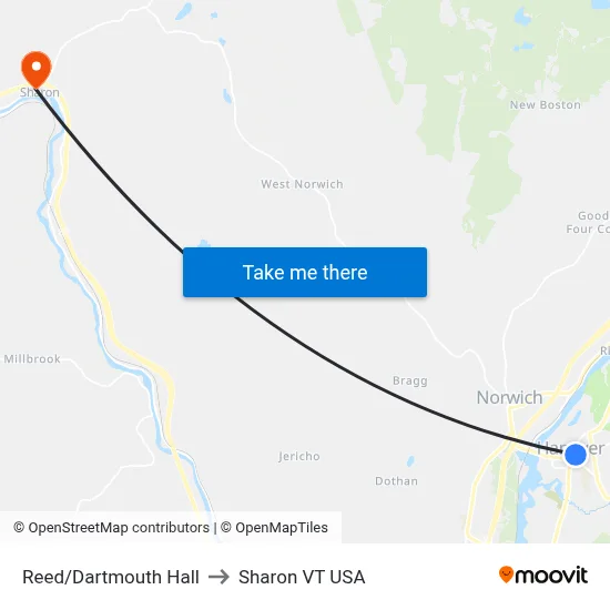 Reed/Dartmouth Hall to Sharon VT USA map