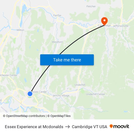 Essex Experience at Mcdonalds to Cambridge VT USA map