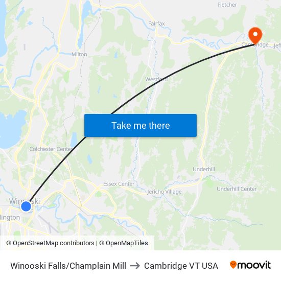 Winooski Falls/Champlain Mill to Cambridge VT USA map