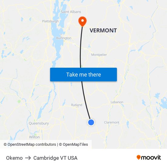 Okemo to Cambridge VT USA map