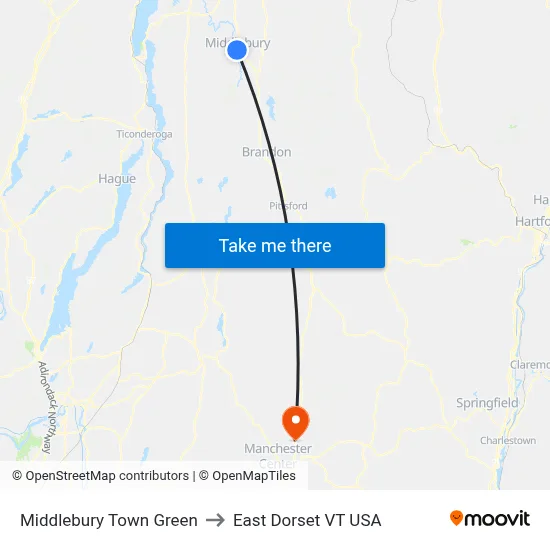 Middlebury Town Green to East Dorset VT USA map