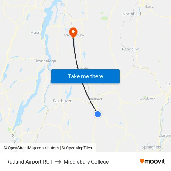 Rutland Airport RUT to Middlebury College map