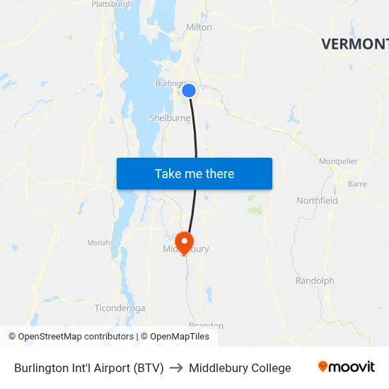 Burlington Int'l Airport (BTV) to Middlebury College map
