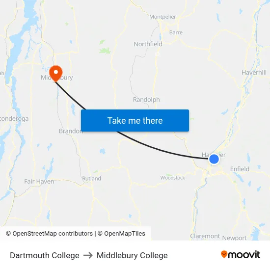 Dartmouth College to Middlebury College map