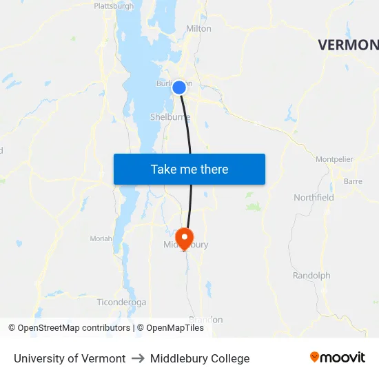 University of Vermont to Middlebury College map
