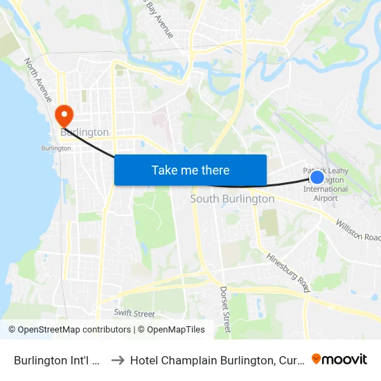 Burlington Int'l Airport (BTV) to Hotel Champlain Burlington, Curio Collection by Hilton map