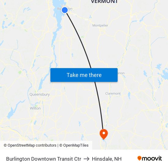 Burlington Downtown Transit Ctr to Hinsdale, NH map