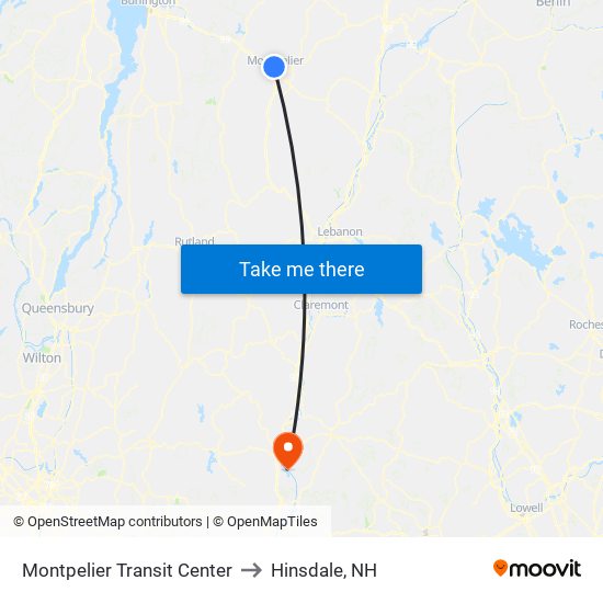 Montpelier Transit Center to Hinsdale, NH map