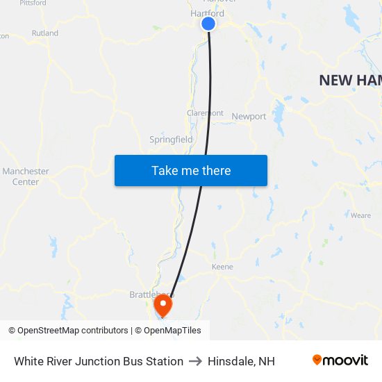 White River Junction Bus Stop to Hinsdale, NH map