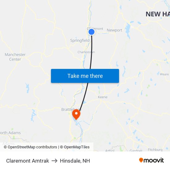 Claremont Amtrak to Hinsdale, NH map