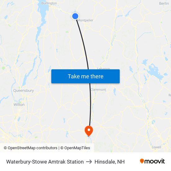 Waterbury-Stowe Amtrak Station to Hinsdale, NH map