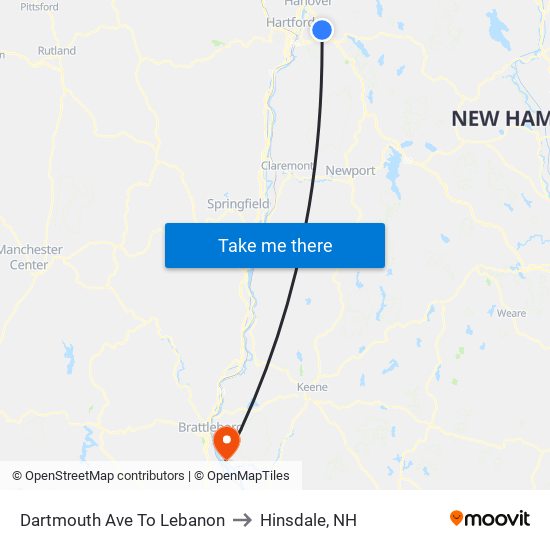 Dartmouth Ave To Lebanon to Hinsdale, NH map