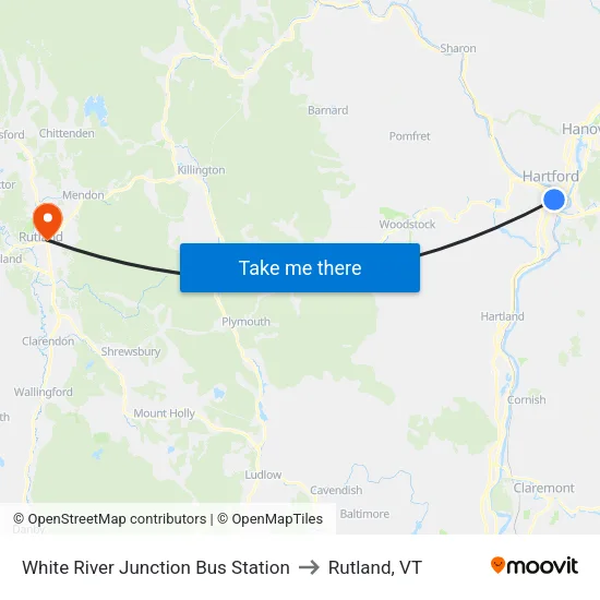 White River Junction Bus Station to Rutland, VT map