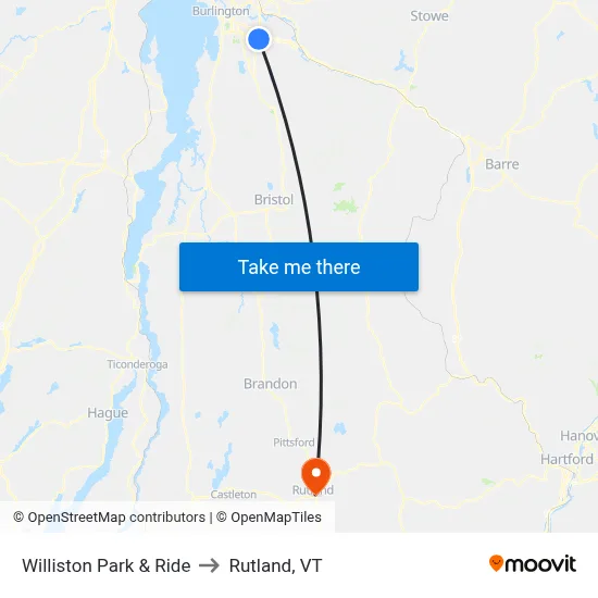Williston Park & Ride to Rutland, VT map