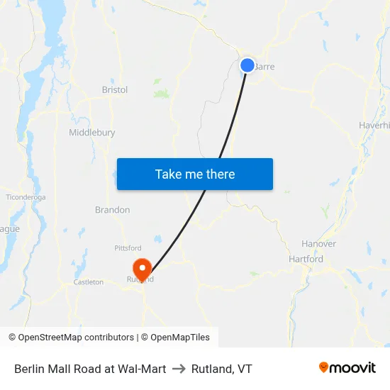 Berlin Mall Road at Wal-Mart to Rutland, VT map