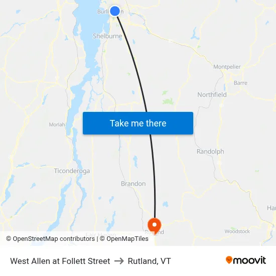West Allen at Follett Street to Rutland, VT map