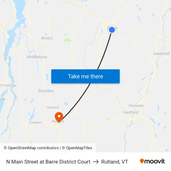 N Main Street at Barre District Court to Rutland, VT map