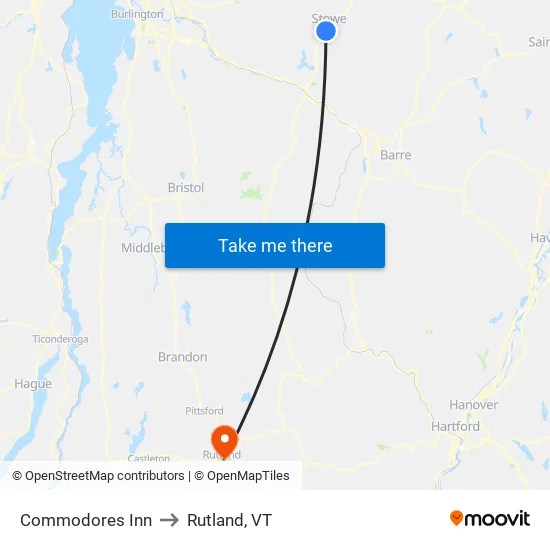 Commodores Inn to Rutland, VT map
