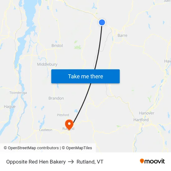 Opposite Red Hen Bakery to Rutland, VT map