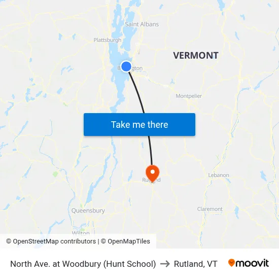 North Ave. at Woodbury (Hunt School) to Rutland, VT map