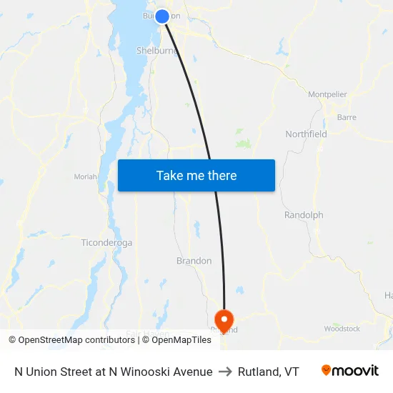 N Union Street at N Winooski Avenue to Rutland, VT map