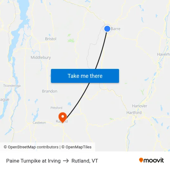Paine Turnpike at Irving to Rutland, VT map