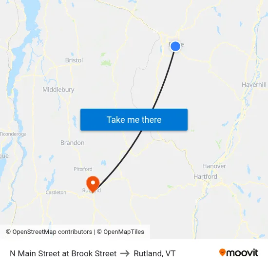 N Main Street at Brook Street to Rutland, VT map