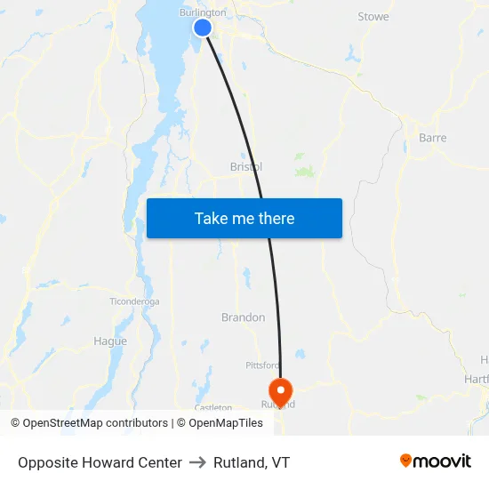 Opposite Howard Center to Rutland, VT map
