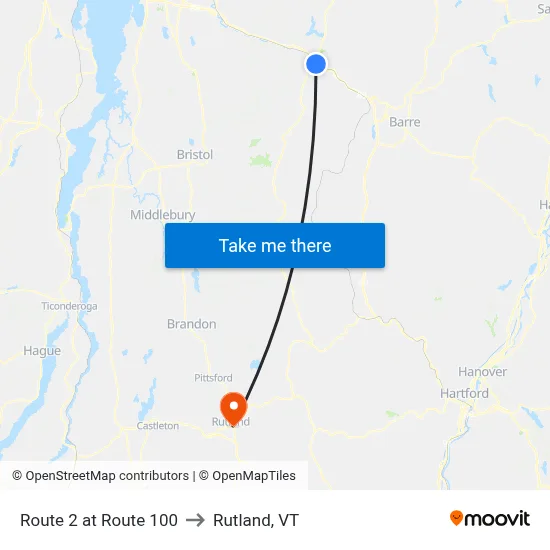 Route 2 at Route 100 to Rutland, VT map