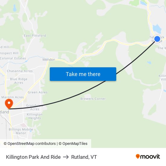 Killington Park And Ride to Rutland, VT map