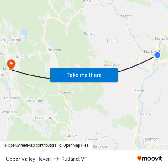 Upper Valley Haven to Rutland, VT map