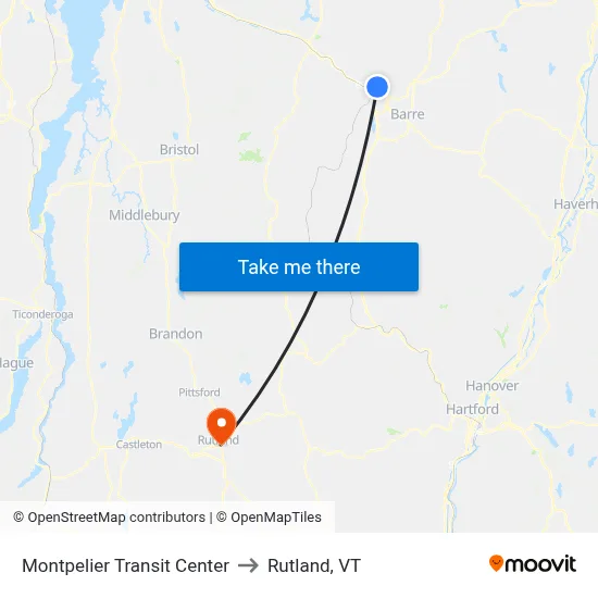 Montpelier Transit Center to Rutland, VT map