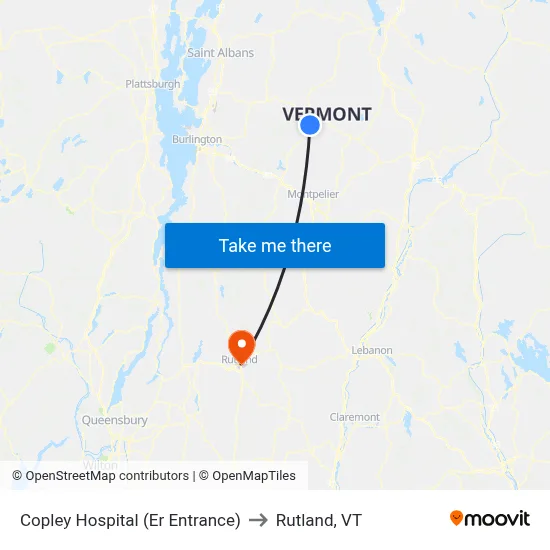 Copley Hospital (Er Entrance) to Rutland, VT map