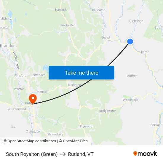 South Royalton (Green) to Rutland, VT map