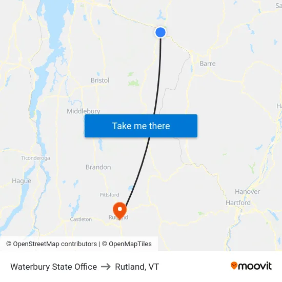 Waterbury State Office to Rutland, VT map