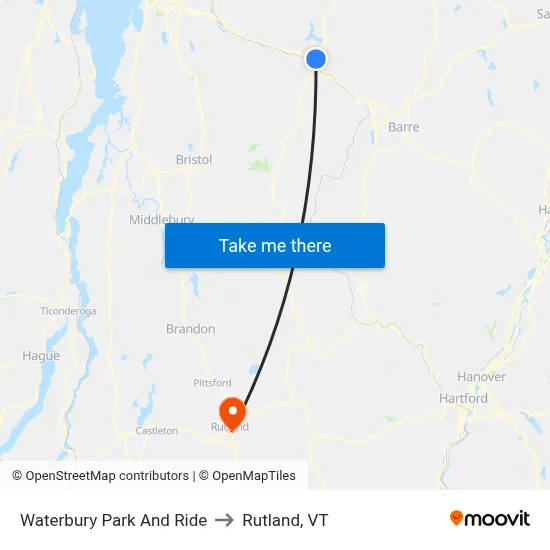 Waterbury Park And Ride to Rutland, VT map