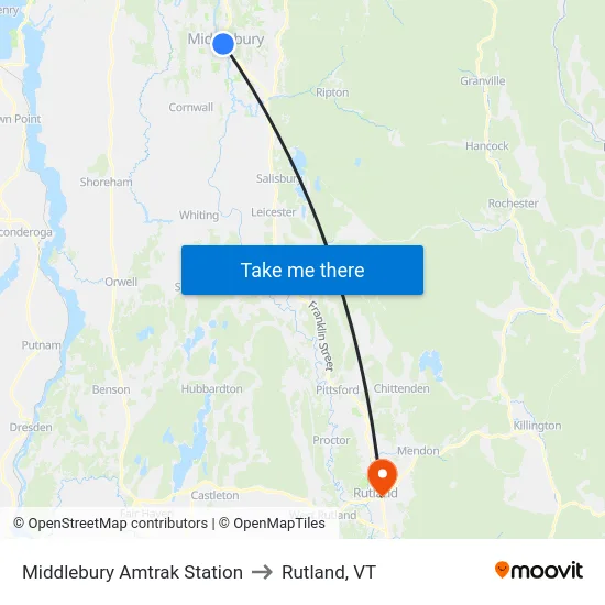Middlebury Amtrak Station to Rutland, VT map