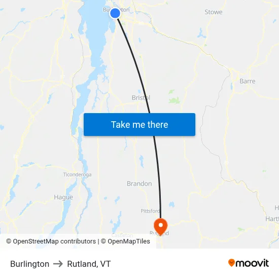 Burlington to Rutland, VT map