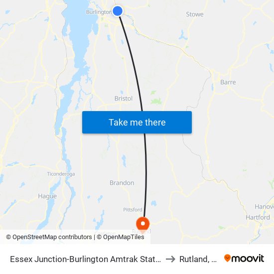 Essex Junction-Burlington Amtrak Station to Rutland, VT map