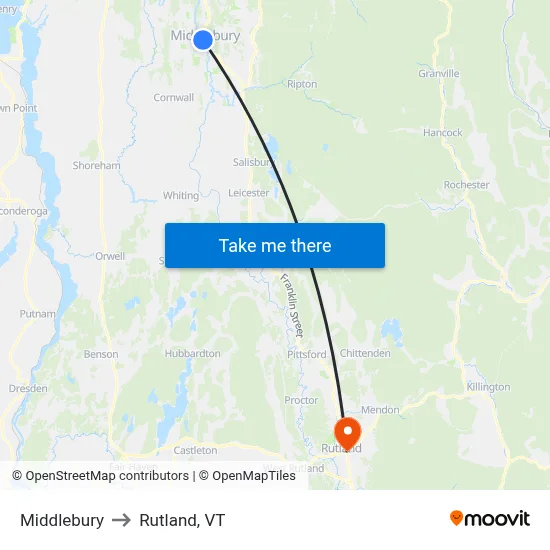 Middlebury to Rutland, VT map