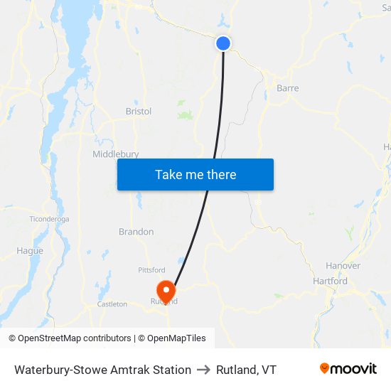 Waterbury-Stowe Amtrak Station to Rutland, VT map