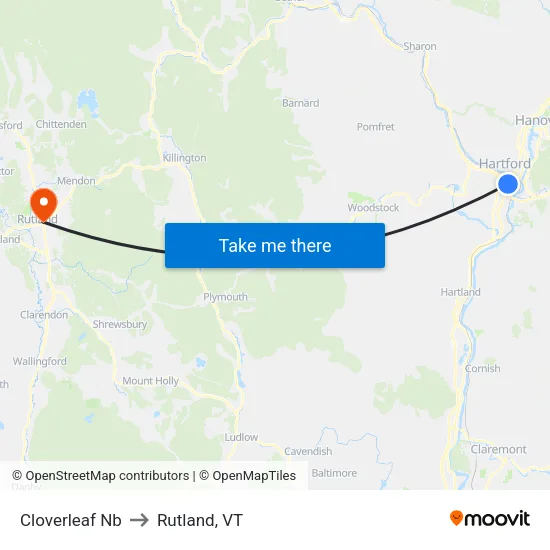 Cloverleaf Nb to Rutland, VT map