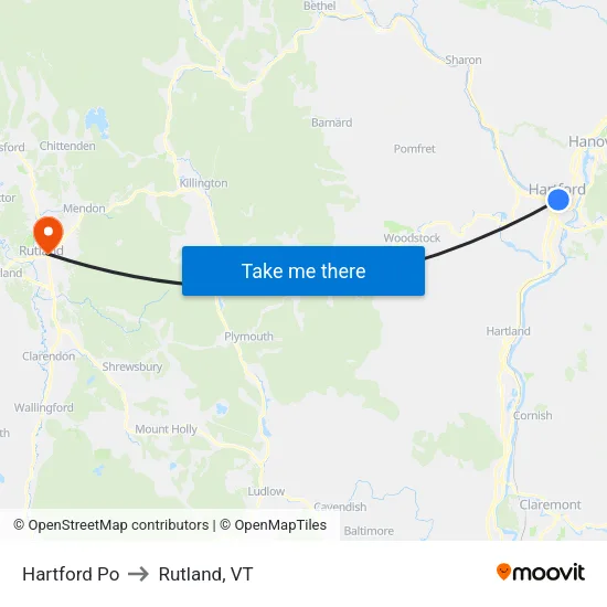 Hartford Po to Rutland, VT map