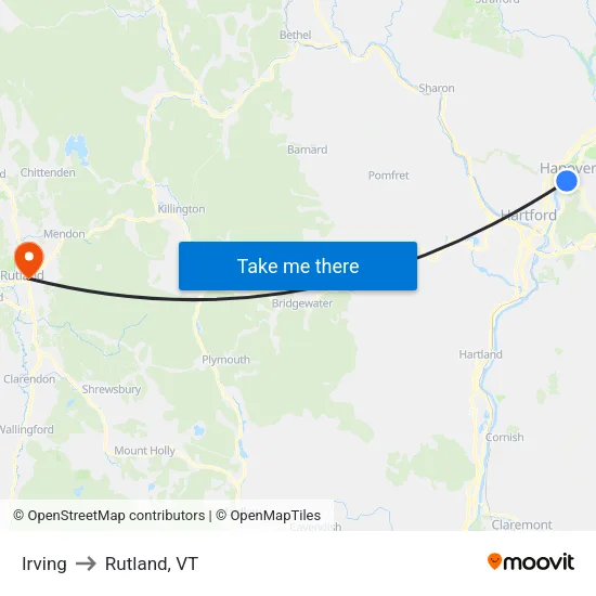 Irving to Rutland, VT map