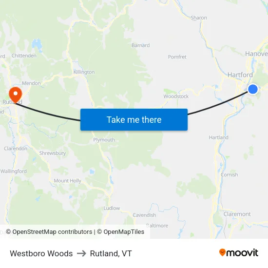 Westboro Woods to Rutland, VT map