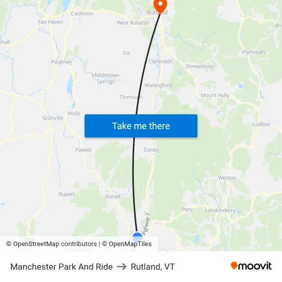 Manchester Park And Ride to Rutland, VT map