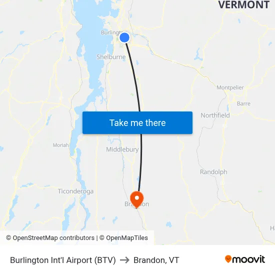 Burlington Int'l Airport (BTV) to Brandon, VT map