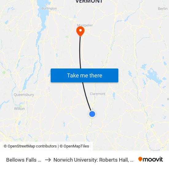 Bellows Falls Bus Stop to Norwich University: Roberts Hall, Admissions Office map