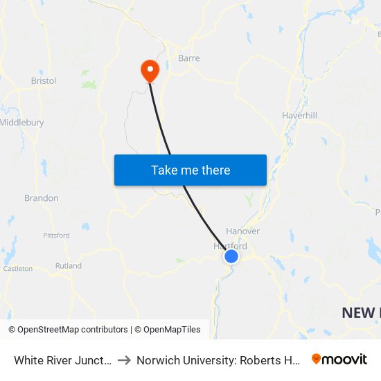 White River Junction Bus Stop to Norwich University: Roberts Hall, Admissions Office map